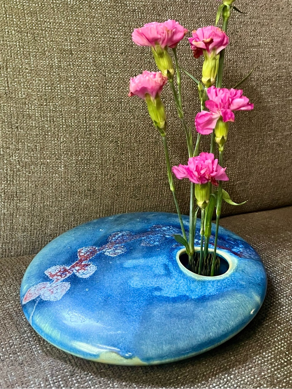 Ikebana Vase Signed Handcrafted Pottery Japanese Zen Flower Frog Artisan Japan